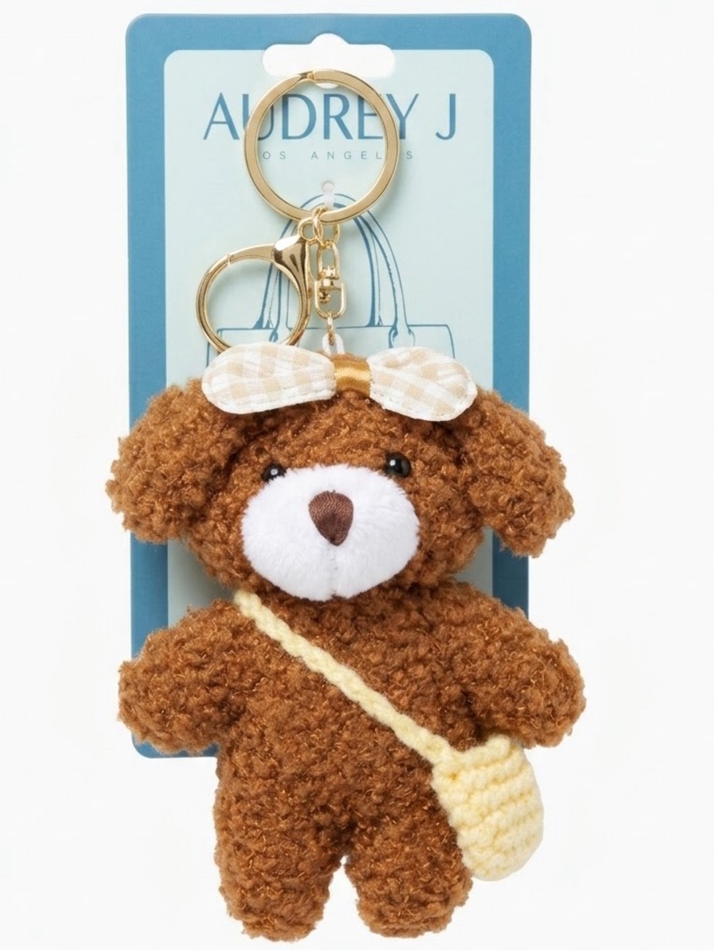 Audrey Brown Puppy Keychain with Yellow Crochet Bag